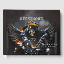 Libro De Visitas Huesos y magia, esqueleto con dados místicos.