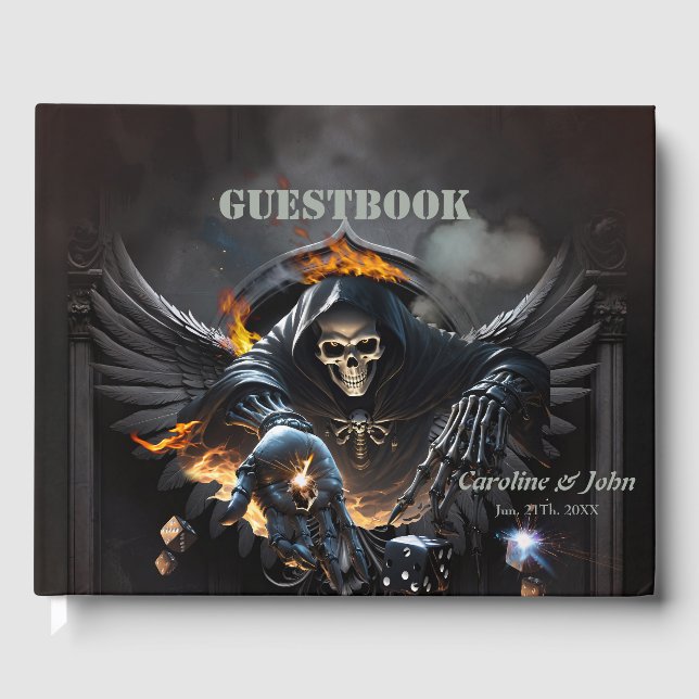 Libro De Visitas Huesos y magia, esqueleto con dados místicos. (Anverso)