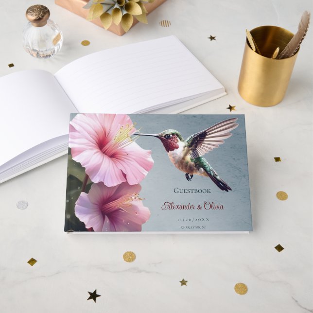 Libro De Visitas Hummingbird y Boda de Hibiscus | Azul (Anverso Abierto)