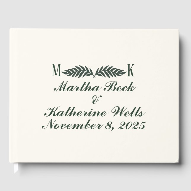 Libro De Visitas Hunter Green en el Boda Cream Initials (Anverso)