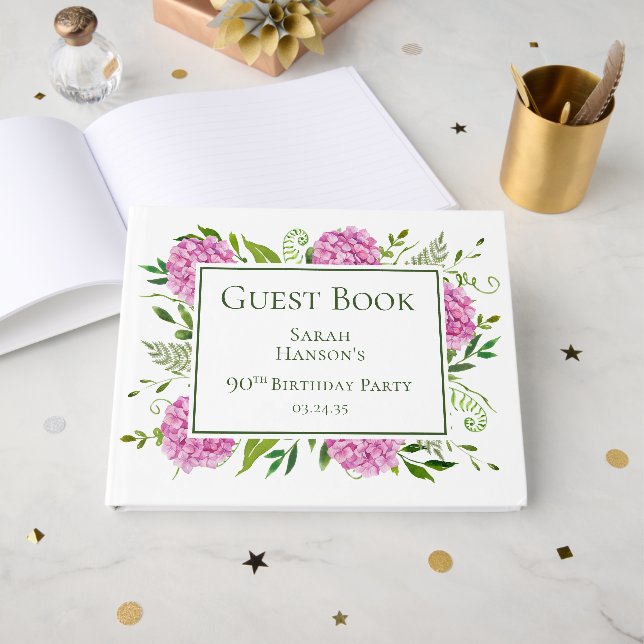 Libro De Visitas Hydrangeas rosadas para el 90 cumpleaños (Anverso Abierto)