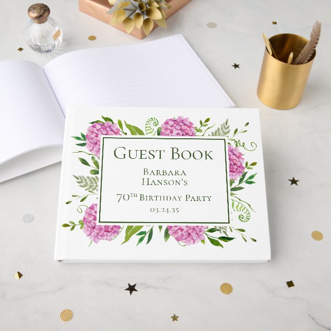 Libro De Visitas Hydrangeas rosadas por el 70 cumpleaños (Anverso Abierto)