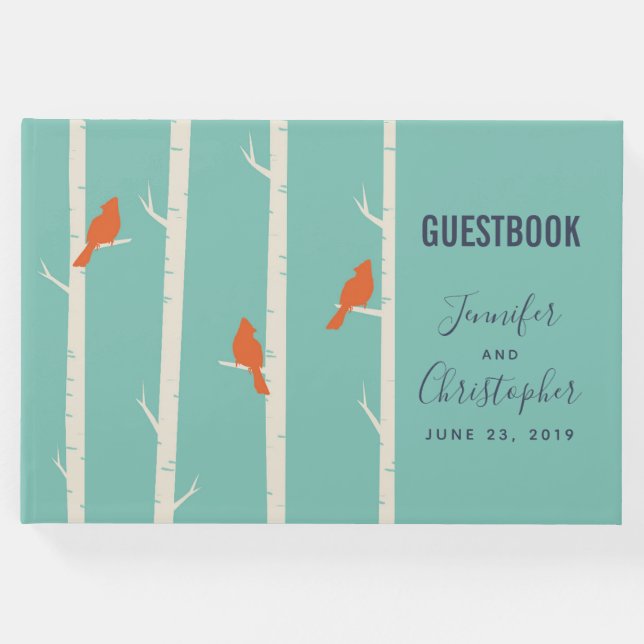 Libro De Visitas Ilustración de pájaros naranja retro en abedules (Anverso)