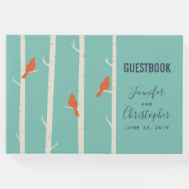 Libro De Visitas Ilustración Retro de pájaros naranjas en abedules