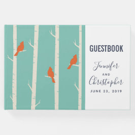 Libro De Visitas Ilustración Retro de pájaros naranjas en abedules