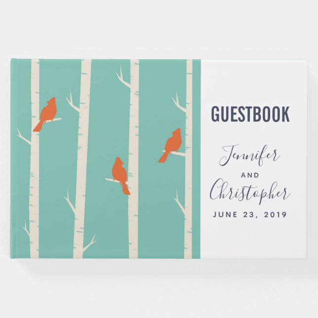 Libro De Visitas Ilustración Retro de Pájaros Naranjas en Árboles d (Anverso)