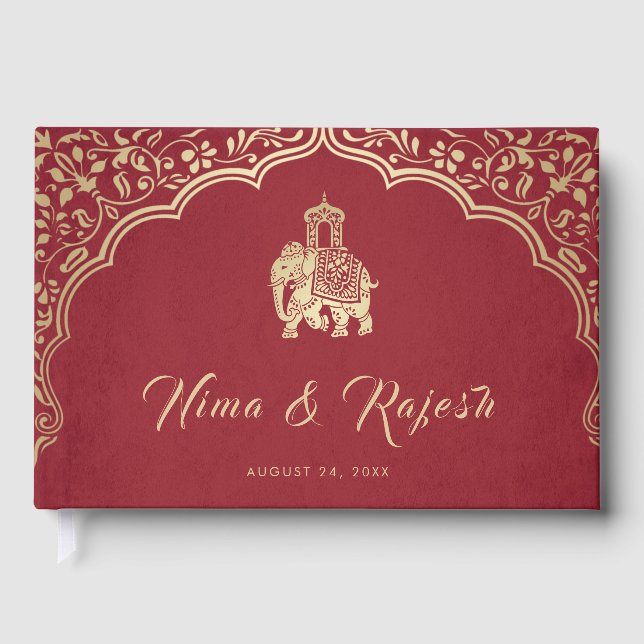 Libro De Visitas Indian Wedding Invitation, Red, Gold, Ganesha (Anverso)