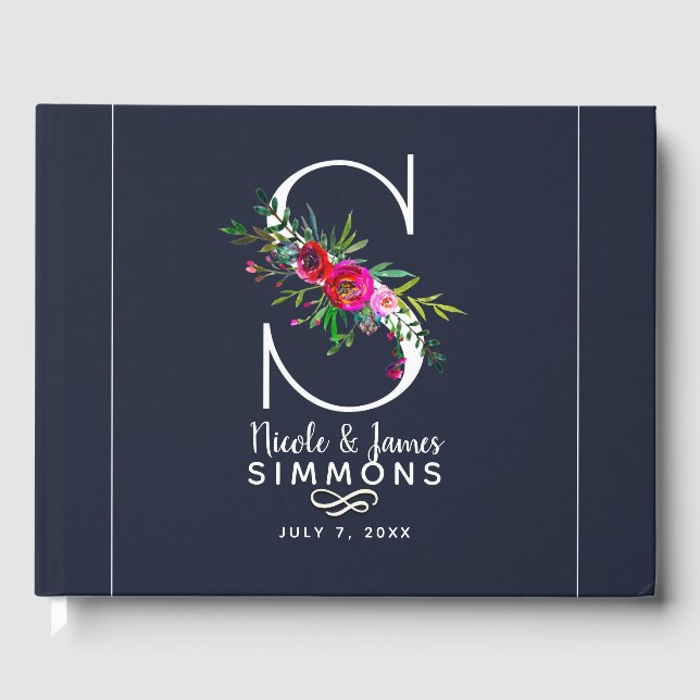 Libro De Visitas Inicial Monograma Floral de Letra S Nombre Boda (Anverso)