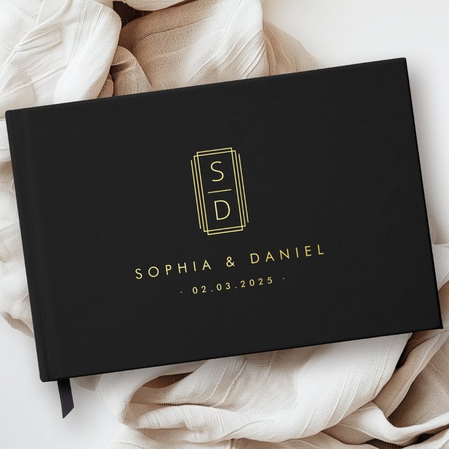 Libro De Visitas Iniciales monográficas modernas boda Relieve metal (Modern monogram initials wedding black real foil guest book)