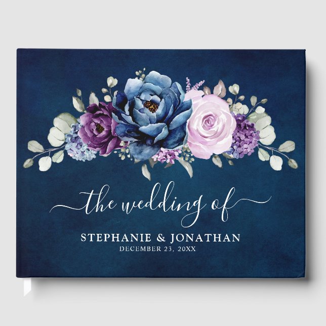 Libro De Visitas Invitado Boda Dusty Blue Purple Navy Lilac Blooms (Anverso)
