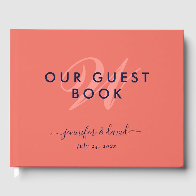 Libro De Visitas Invitado Boda Monograma de escritura azul y coral  (Anverso)