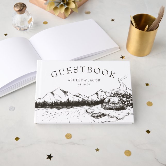 Libro De Visitas Invitado de Boda de Montaña de Invierno Rústico (Anverso Abierto)