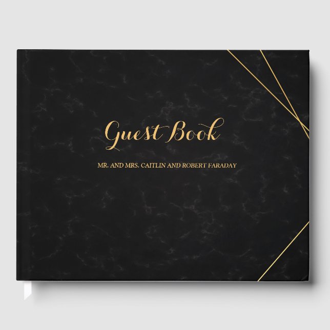 Libro De Visitas Invitado de marco geométrico negro y oro de moda (Anverso)