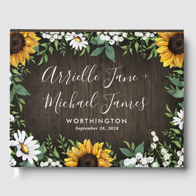 Libro De Visitas Invitado del Rustic Sunflower Country Daisy Boda (Anverso)