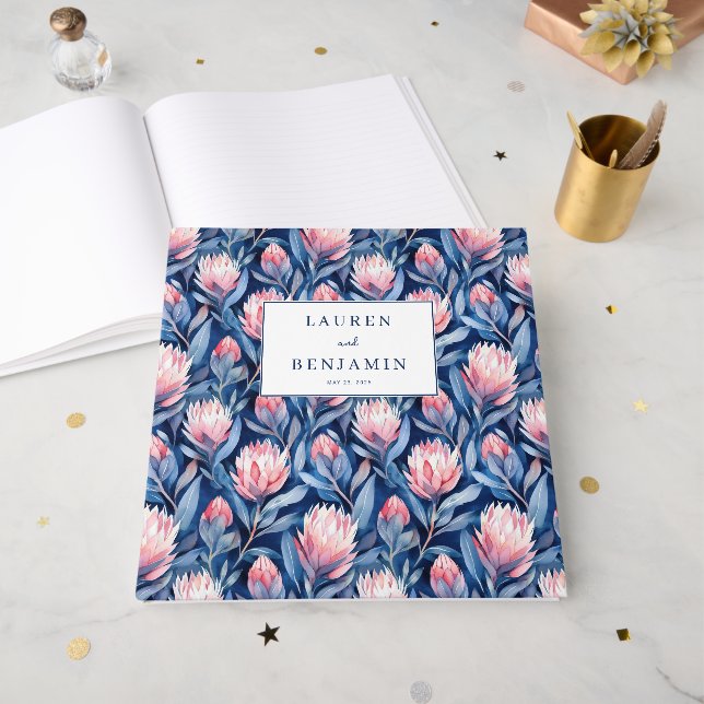 Libro De Visitas Joyful Blue and Pink Floral Protea (Anverso Abierto)