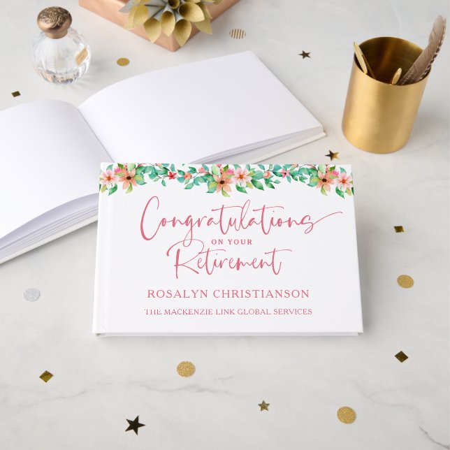 Libro De Visitas Jubilación de la escritura floral tropical rosada  (Anverso Abierto)