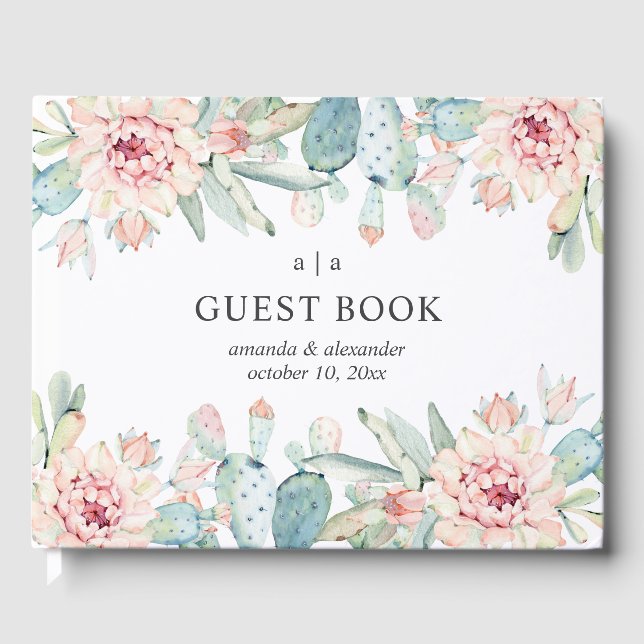 Libro De Visitas La acuarela suculenta boda. Cactus florales rosado (Anverso)