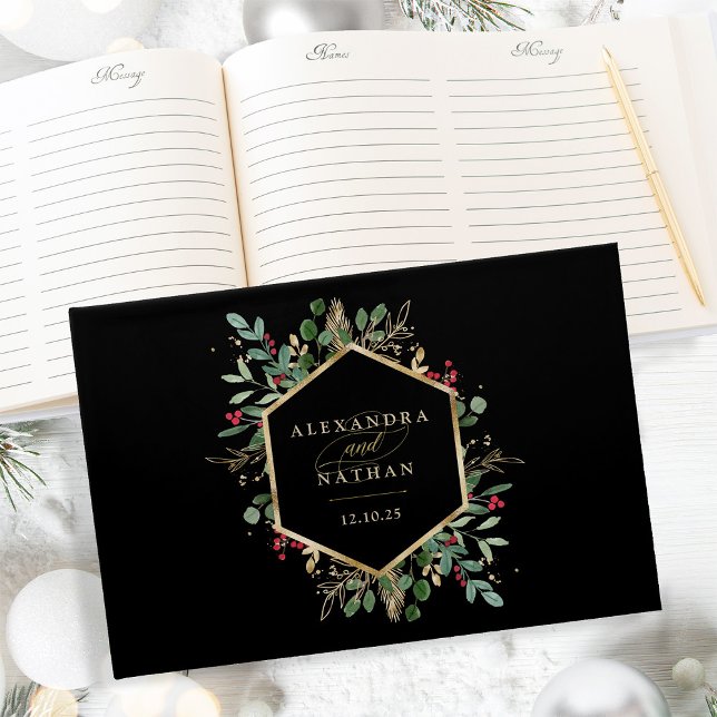 Libro De Visitas La vegetación dorada en negro | Boda de Navidades (A beautiful, glamorous guest book, perfect for your elegant holiday winter wedding)