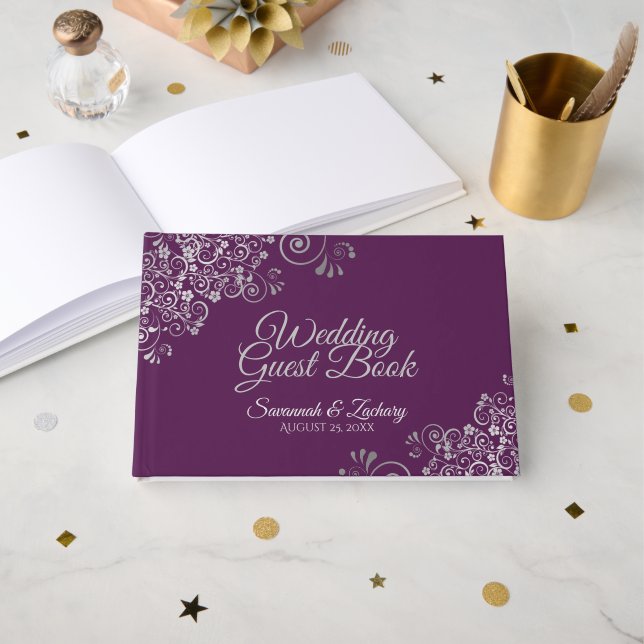 Libro De Visitas Lacy Silver Filigree Elegant Plum Purple Wedding (Anverso Abierto)