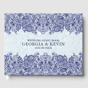 Libro De Visitas Lazo Paisley floral blanco y azul oscuro