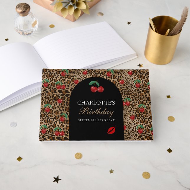 Libro De Visitas Leopard Cheetah Animal Print Red Cherry Pattern (Anverso Abierto)