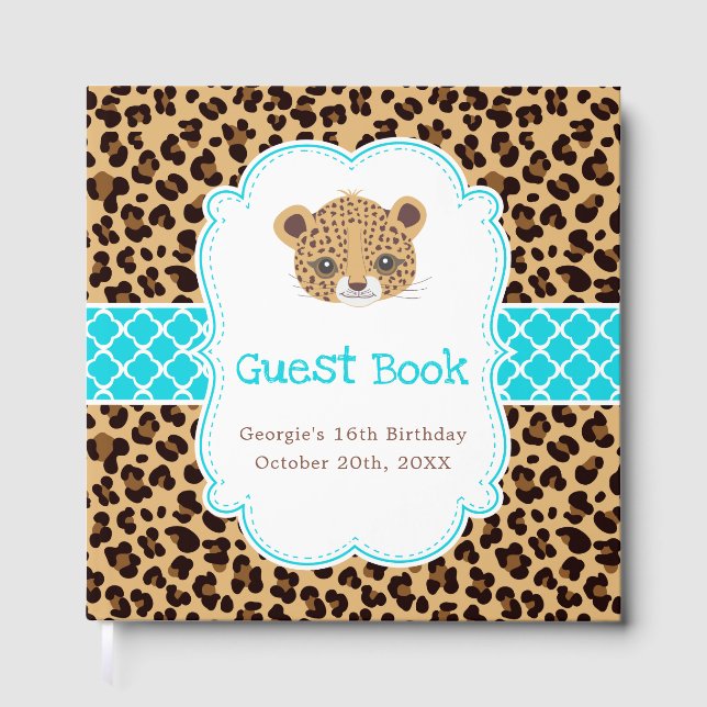 Libro De Visitas Leopard Print Blue Quatrefoil Birthday Party (Anverso)