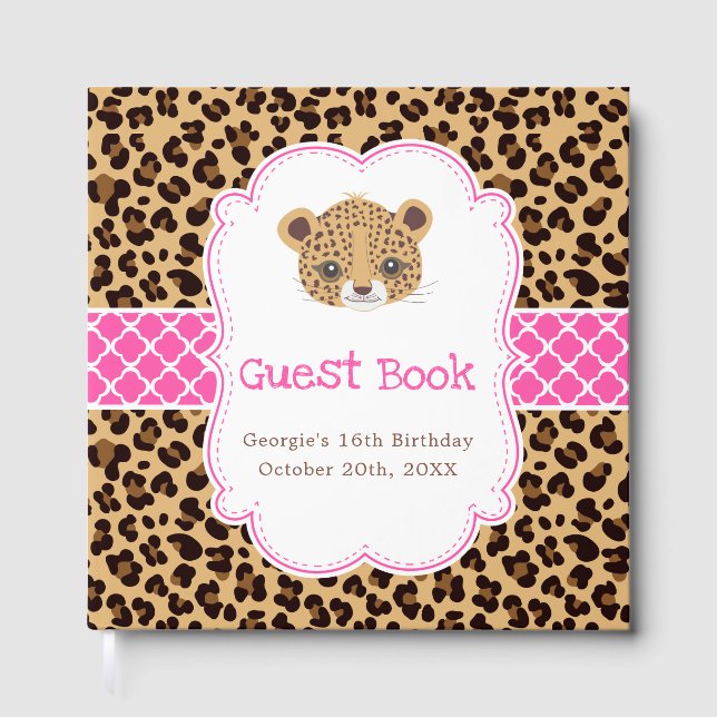 Libro De Visitas Leopard Print Pink Quatrefoil Birthday Party (Anverso)