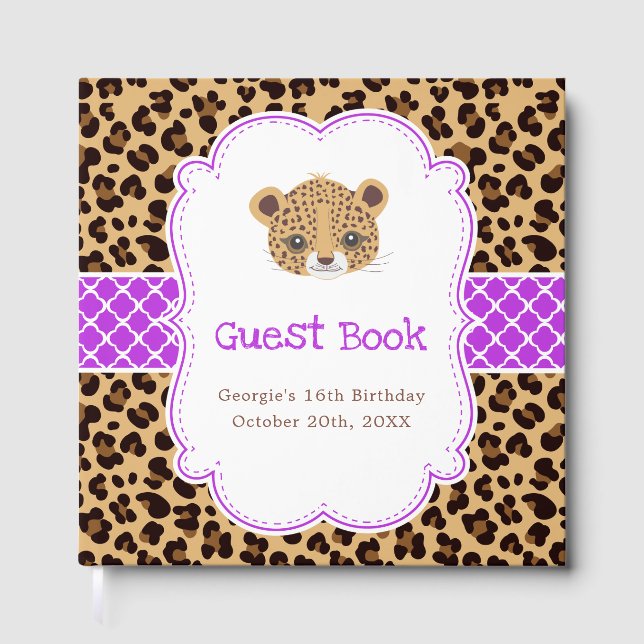 Libro De Visitas Leopard Print Purple Quatrefoil Birthday Party  (Anverso)