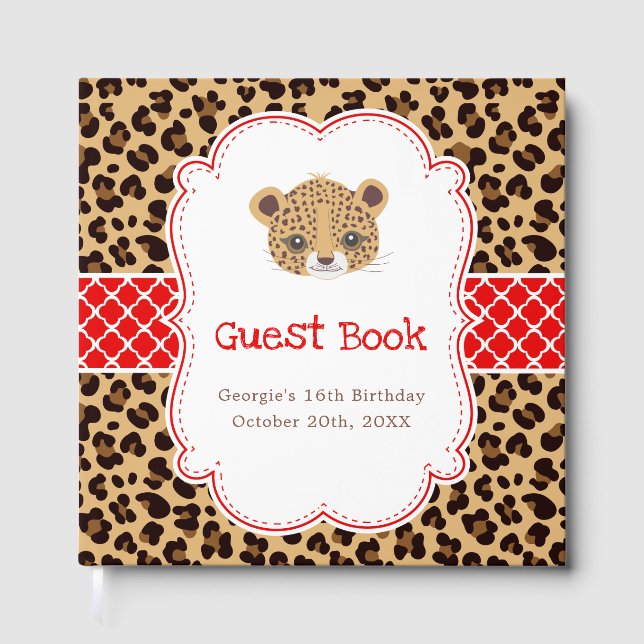 Libro De Visitas Leopard Print Red Quatrefoil Birthday Party (Anverso)