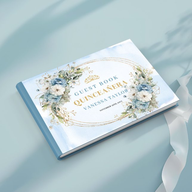 Libro De Visitas Libreta de azul pastel boho Quince con vegetación  (Pastel Blue Boho Quince with Gold Greenery guest book)