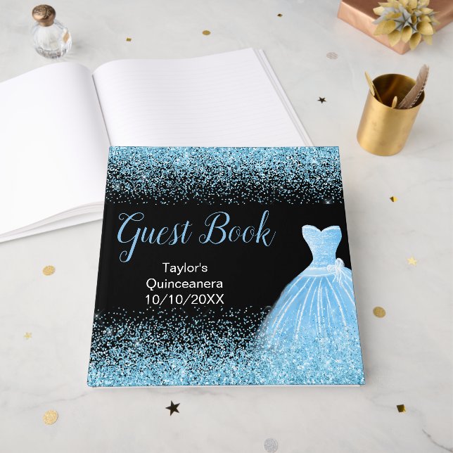 Libro De Visitas Light Blue Dress Faux Glitter Quinceanera (Anverso Abierto)