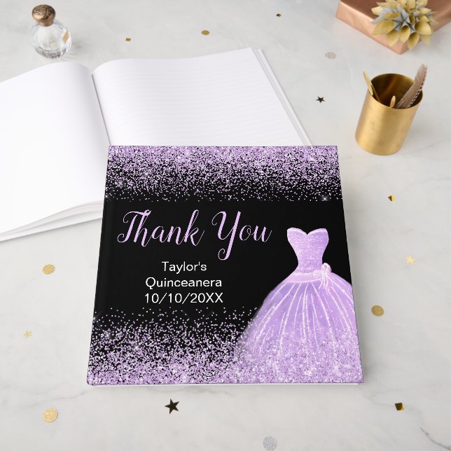 Libro De Visitas Light Purple Dress Faux Glitter Quinceanera (Anverso Abierto)