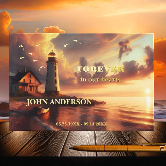 Libro De Visitas Lighthouse Beach Memorial Real Relieve metalizado  (Memorial guest book featuring a lighthouse on the beach at sunset with real foil seagulls and texts)