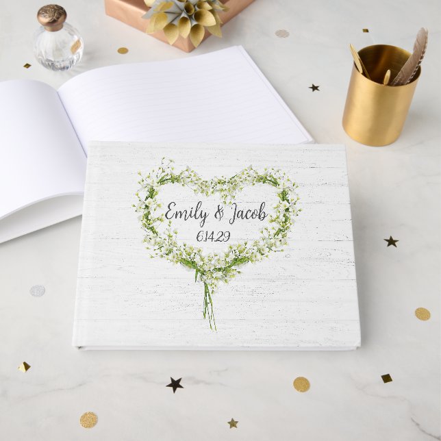 Libro De Visitas Lily Corazón de Boda Blanco sobre Madera (Anverso Abierto)