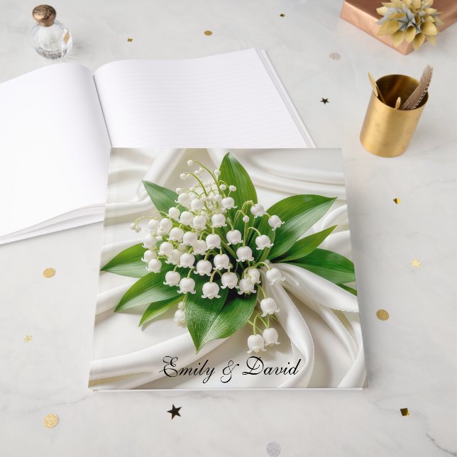 Libro De Visitas Lily del Valle Boda Bouquet On White Satin (Anverso Abierto)