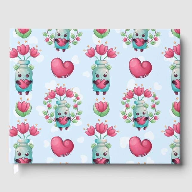 Libro De Visitas Lindo patrón floral Mason Jar Hearts (Anverso)