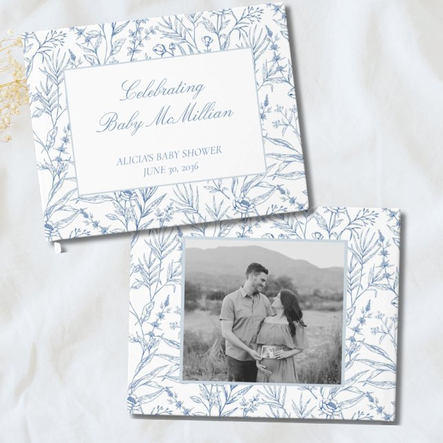 Libro De Visitas Línea personalizada dibujada con Baby Shower flora (Personalized Line Drawn Blue Floral Baby Shower Guest Book
)