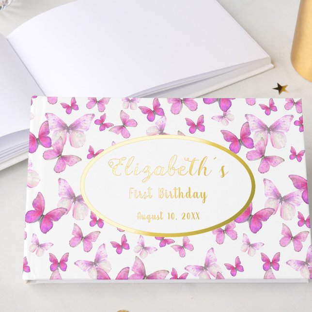Libro De Visitas Little Butterfly 1st Birthday Pink Girl Gold (Subido por el creador)