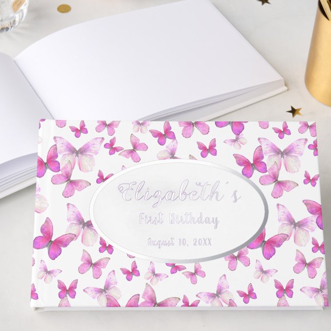 Libro De Visitas Little Butterfly 1st Birthday Pink Girl Silver (Subido por el creador)