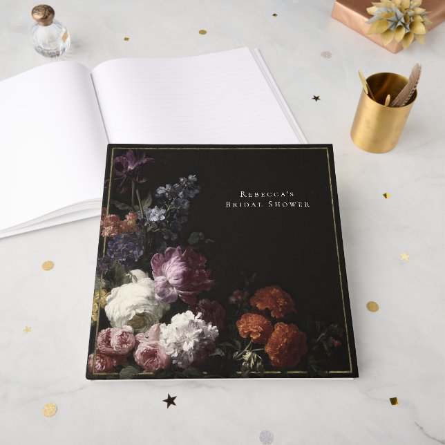 Libro De Visitas Lluvia de Novia Romántica y Oscura con Florales Gó (Anverso Abierto)