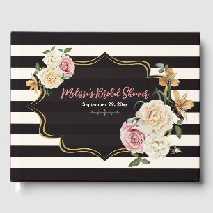 Libro De Visitas Lluvia de regalos nupciales Floral Negro, Marfil y
