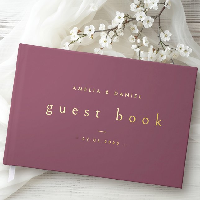 Libro De Visitas Los nombres modernos de bodas malvas y el Relieve  (Modern mauve wedding names and date real foil guest book)