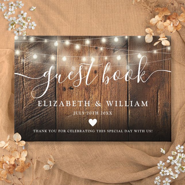 Libro De Visitas Luces de Cadena Bodas de Madera Rústica de Granero (String Lights Rustic Barn Wood Wedding Guest Book)