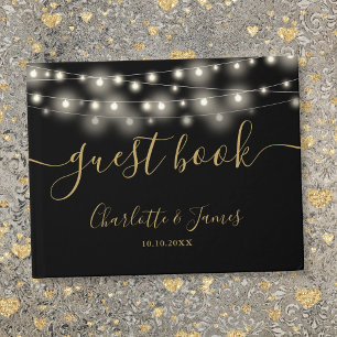 Libro De Visitas Luces de Cadena de Oro Negro Firma Script Boda
