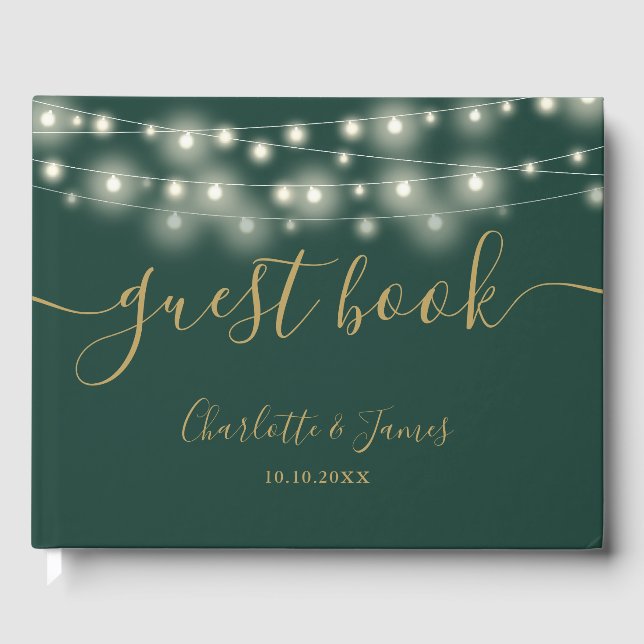 Libro De Visitas Luces de Cadena de Oro Verde Firma Script Boda (Anverso)