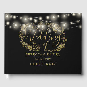 Libro De Visitas Luces de Cadena Florales Negras y Doradas Boda