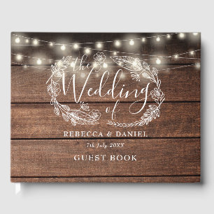 Libro De Visitas Luces de Cadena Florales Rústicas Madera Boda
