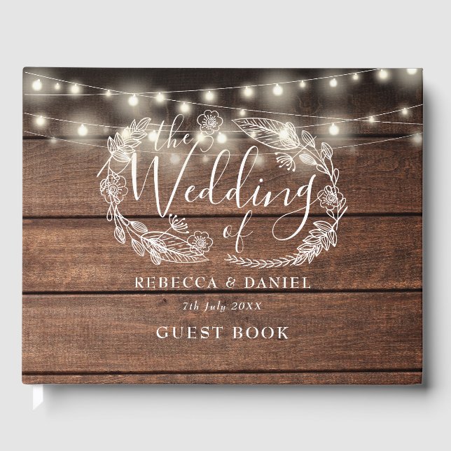 Libro De Visitas Luces de Cadena Florales Rústicas Madera Boda (Anverso)