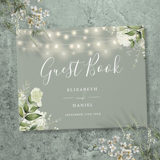 Libro De Visitas Luces de Cadena Florales Verde Salvia para Boda (Sage Green Floral String Lights Wedding Guest Book)