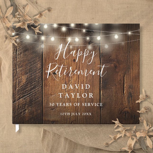 Libro De Visitas Luces de Cuerda de Madera de Granero Rústico Fiest (Rustic Barn Wood String Lights Retirement Party Guest Book)